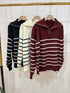 Heavy Knitted Collar Zip Stripes Pullover